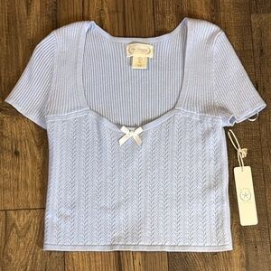 Elegant Light Blue Knit Blouse with Bow NWT